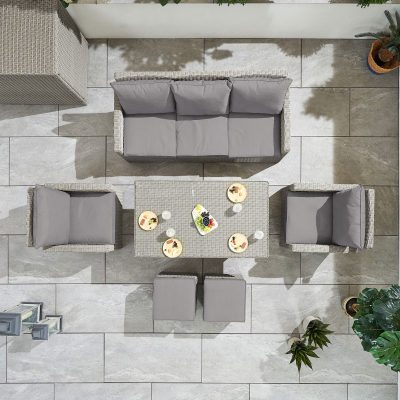 Ciara 3 Seater Rattan Lounge Dining Set with 2 Armchairs - Rising Table in White Wash