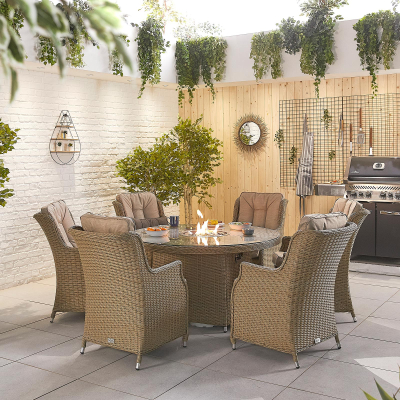 Thalia 6 Seat Rattan Dining Set - Round Gas Fire Pit Table in Willow