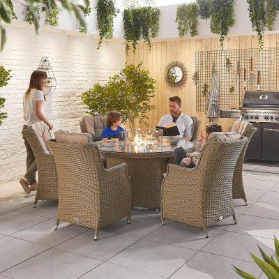 Thalia 6 Seat Rattan Dining Set - Round Gas Fire Pit Table in Willow