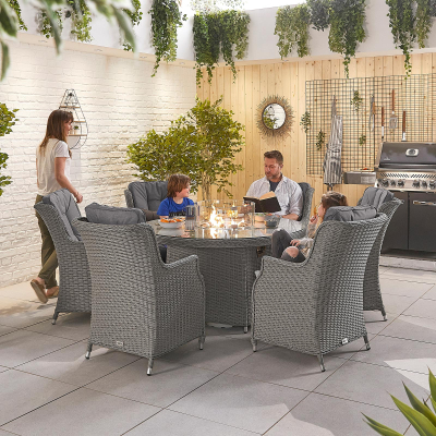 Thalia 6 Seat Rattan Dining Set - Round Gas Fire Pit Table in Slate Grey