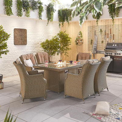 Thalia 6 Seat Rattan Dining Set - Rectangular Gas Fire Pit Table in Willow