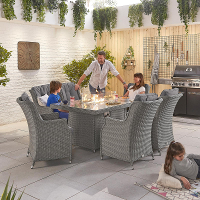 Thalia 6 Seat Rattan Dining Set - Rectangular Gas Fire Pit Table in Slate Grey