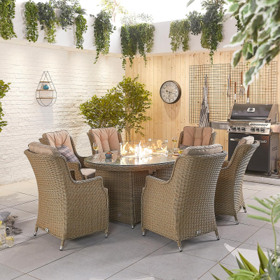 Thalia 6 Seat Rattan Dining Set - Oval Gas Fire Pit Table in Willow
