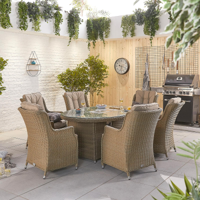 Thalia 6 Seat Rattan Dining Set - Oval Gas Fire Pit Table in Willow