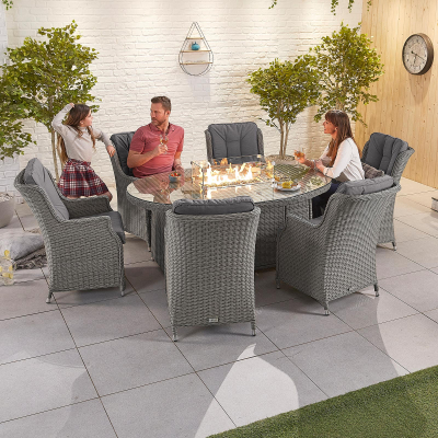 Thalia 6 Seat Rattan Dining Set - Oval Gas Fire Pit Table in Slate Grey