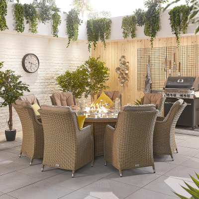 Thalia 8 Seat Rattan Dining Set - Round Gas Fire Pit Table in Willow