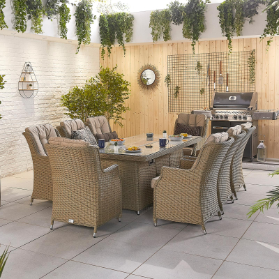 Thalia 8 Seat Rattan Dining Set - Rectangular Gas Fire Pit Table in Willow