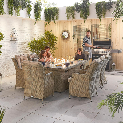 Thalia 8 Seat Rattan Dining Set - Rectangular Gas Fire Pit Table in Willow