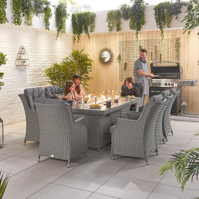 Thalia 8 Seat Rattan Dining Set - Rectangular Gas Fire Pit Table in Slate Grey