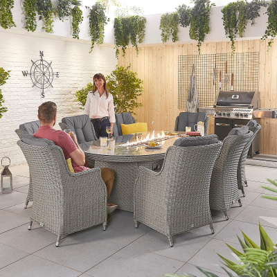 Thalia 8 Seat Rattan Dining Set - Oval Gas Fire Pit Table in White Wash
