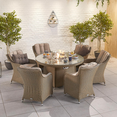 Camilla 6 Seat Rattan Dining Set - Round Gas Fire Pit Table in Willow
