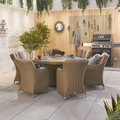 Camilla 6 Seat Rattan Dining Set - Round Gas Fire Pit Table in Willow