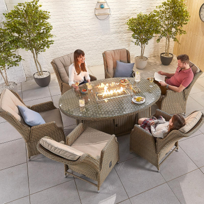 Carolina 6 Seat Rattan Dining Set - Oval Gas Fire Pit Table in Willow