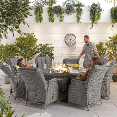 Carolina 8 Seat Rattan Dining Set - Round Gas Fire Pit Table in Slate Grey