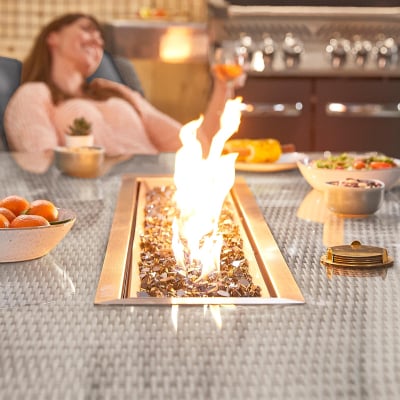 Carolina 8 Seat Rattan Dining Set - Rectangular Gas Fire Pit Table in White Wash