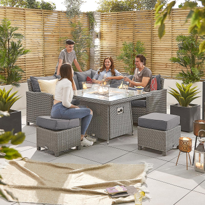 Ciara Compact Corner Rattan Lounge Dining Set with 2 Stools - Square Gas Fire Pit Table in White Wash