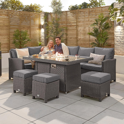 Ciara L-Shaped Corner Rattan Lounge Dining Set with 3 Stools - Left Handed Gas Fire Pit Table in Slate Grey