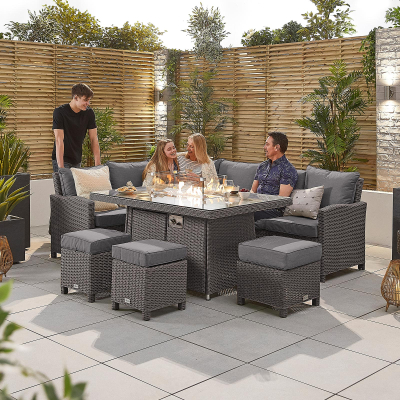 Ciara L-Shaped Corner Rattan Lounge Dining Set with 3 Stools - Left Handed Gas Fire Pit Table in Slate Grey
