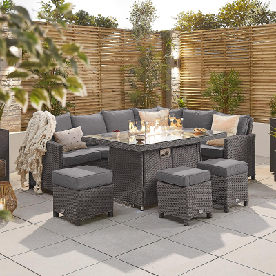 Ciara L-Shaped Corner Rattan Lounge Dining Set with 3 Stools - Right Handed Gas Fire Pit Table in Slate Grey