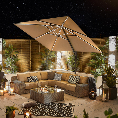 Galaxy 3.0m x 3.0m Square LED Aluminium Cantilever Parasol - Beige Canopy and Grey Frame