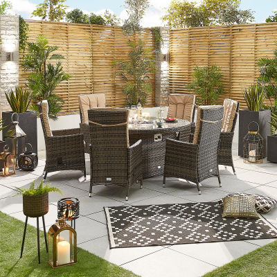 Ruxley 6 Seat Rattan Dining Set - Round Gas Fire Pit Table in Brown Rattan