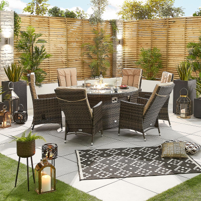 Ruxley 6 Seat Rattan Dining Set - Round Gas Fire Pit Table in Brown Rattan