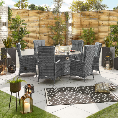 Ruxley 6 Seat Rattan Dining Set - Round Gas Fire Pit Table in Grey Rattan