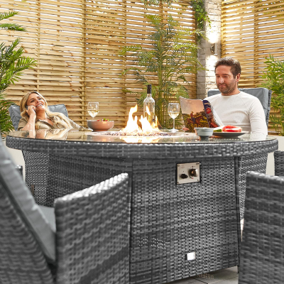 Ruxley 6 Seat Rattan Dining Set - Round Gas Fire Pit Table in Grey Rattan