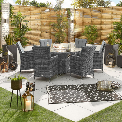 Sienna 6 Seat Rattan Dining Set - Round Gas Fire Pit Table in Grey Rattan