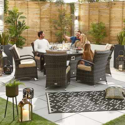 Olivia 6 Seat Rattan Dining Set - Round Gas Fire Pit Table in Brown Rattan