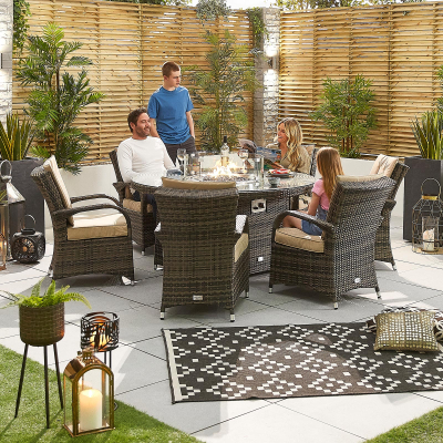 Olivia 6 Seat Rattan Dining Set - Round Gas Fire Pit Table in Brown Rattan