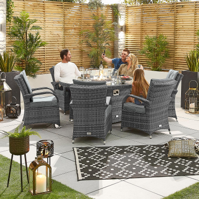 Olivia 6 Seat Rattan Dining Set - Round Gas Fire Pit Table in Grey Rattan