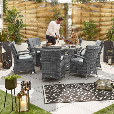 Olivia 6 Seat Rattan Dining Set - Round Gas Fire Pit Table in Grey Rattan