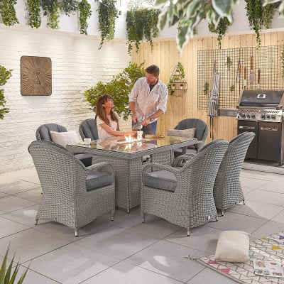 Leeanna 6 Seat Rattan Dining Set - Rectangular Gas Fire Pit Table in White Wash