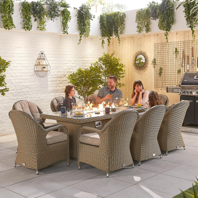 Leeanna 8 Seat Rattan Dining Set - Rectangular Gas Fire Pit Table in Willow