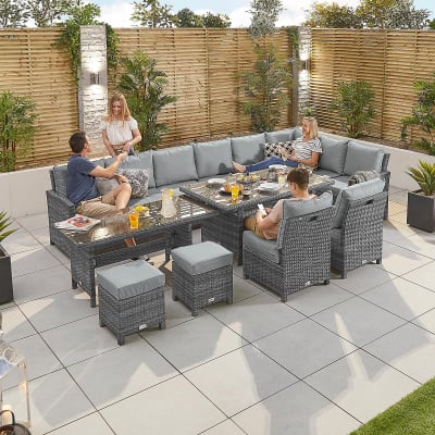 Cambridge L-Shaped Corner Rattan Lounge Dining Set with 3 Stools - Right Handed Add & Extending Table in Grey Rattan