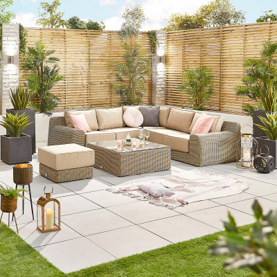 Luxor Rattan Corner Sofa Lounging Set with Square Coffee Table & Footstool in Willow