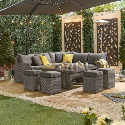 Ciara Deluxe Corner Rattan Lounge Dining Set with 4 Stools - Square Rising Table in Slate Grey
