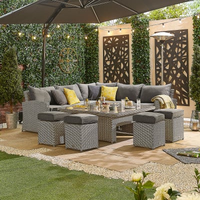Ciara Deluxe Corner Rattan Lounge Dining Set with 4 Stools - Square Rising Table in White Wash