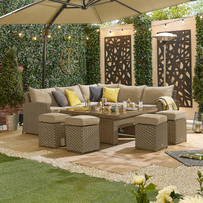 Ciara Deluxe Corner Rattan Lounge Dining Set with 4 Stools - Square Rising Table in Willow