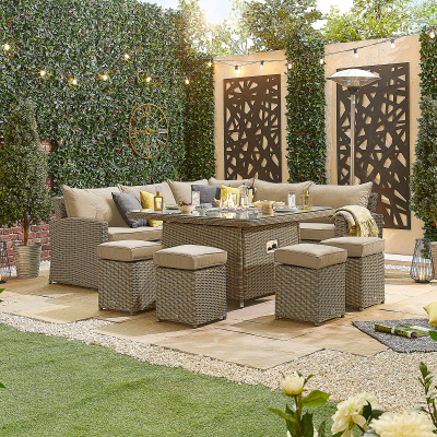 Ciara Deluxe Corner Rattan Lounge Dining Set with 4 Stools - Square Gas Fire Pit Table in Willow