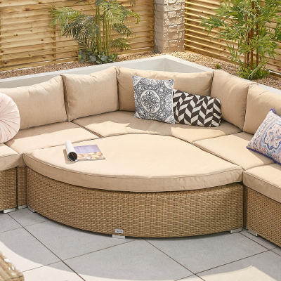 Heritage Hampton Rattan Curved Corner Sofa Lounging Set with Footstool, Side Table & Fire Pit Dining Table in Willow