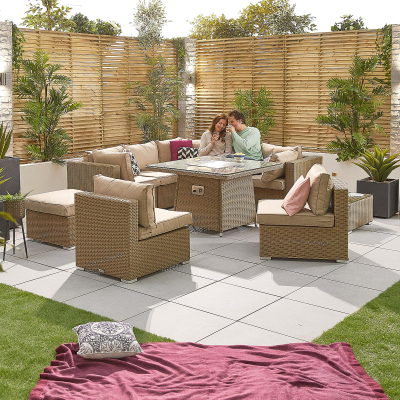 Heritage Chelsea Rattan Deluxe Corner Sofa Lounging Set with Footstool, Coffee Table & Fire Pit Dining Table in Willow