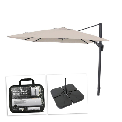 Galaxy 3.0m x 3.0m Square LED Aluminium Cantilever Parasol - Beige Canopy, Grey Frame and 80Kg Base