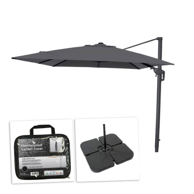 Galaxy 3.0m x 3.0m Square LED Aluminium Cantilever Parasol - Grey Canopy, Grey Frame and 80Kg Base