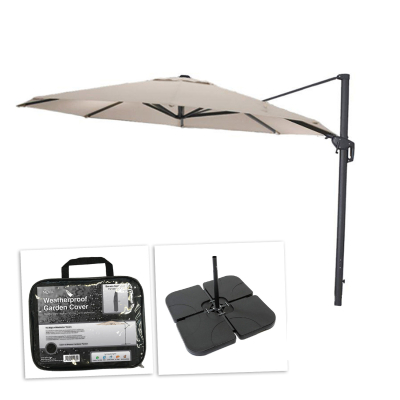 Galaxy 3.5m Round LED Aluminium Cantilever Parasol - Beige Canopy, Grey Frame and 80Kg Base