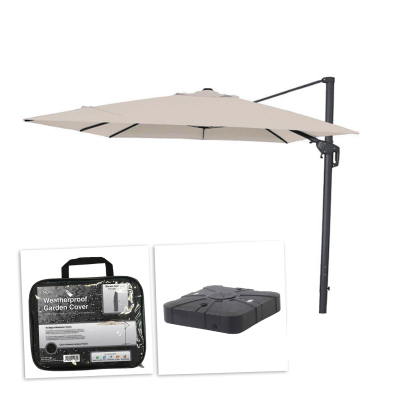 Galaxy 3.0m x 3.0m Square LED Aluminium Cantilever Parasol - Beige Canopy, Grey Frame and 100Kg Base