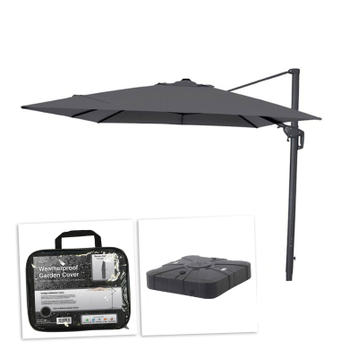 Galaxy 3.0m x 3.0m Square LED Aluminium Cantilever Parasol - Grey Canopy, Grey Frame and 100Kg Base