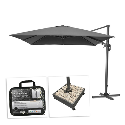 Genesis 3.0m x 3.0m Square Aluminium Cantilever Parasol - Grey Canopy, Grey Frame and Stone Fill Base