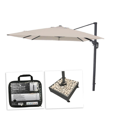 Galaxy 3.0m x 3.0m Square LED Aluminium Cantilever Parasol - Beige Canopy, Grey Frame and Stone Fill Base